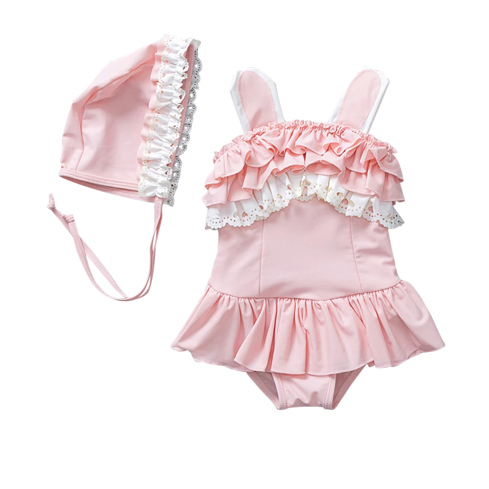 

Mudkingdom Boutique Baby Girl Halter Swimsuit With Hats Kids Pink Ruffle Clothing Sets Lace Baby Dress Kids Swim Suite Wholesale