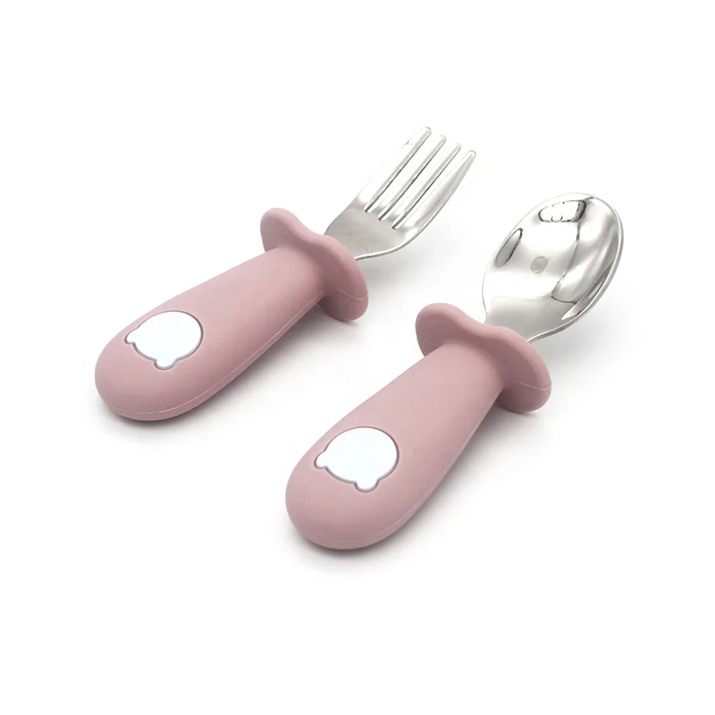 

Hot sale home restaurant cute cutlery children spoon kids spoon and fork silicone baby feeding set, 10 colors