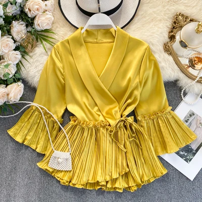 

Korean fashion women solid colors v neck flare sleeve blouse tops