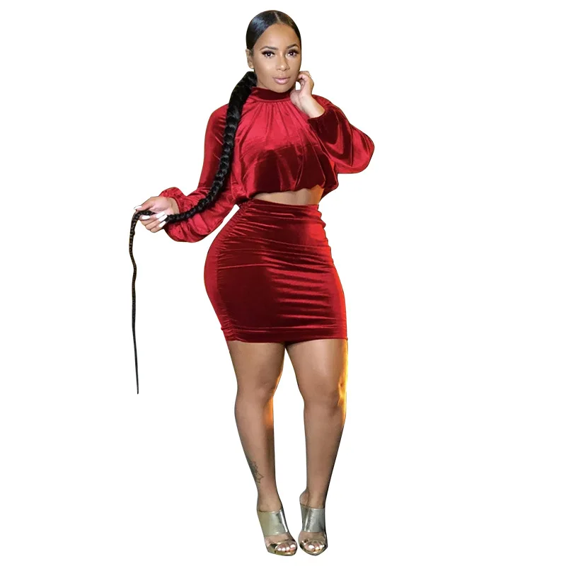 

2021 New sexy solid color ladies skirts suit long sleeve velvet set women casual fashion two piece skirt set