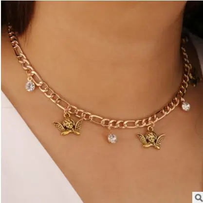 

Trendy Design Gold Filled Chain Antique Bronze Plated Little Angel and Crystal Charms Choker Necklace for Women Jewelry