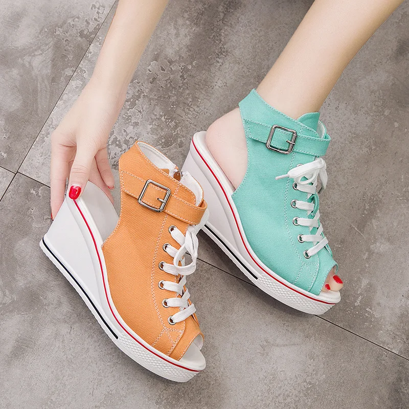

Big Size Canvas High Top Buckle Peep Toe Wedge Heel Casual Shoes