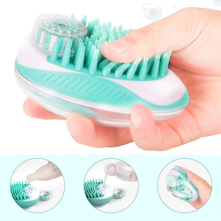 

Wholesale Shampoo Dispensing Massage Pet Brush Dog Shower Grooming Brush, Green blue