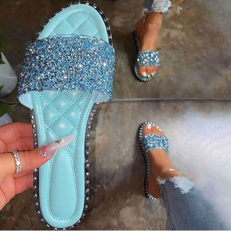 

KX-70458 Designer suemmer outdoor slippers women famous brands plus size anti-skid bling flat diamond slipper