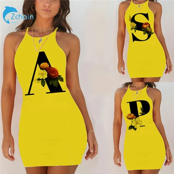 

Spaghetti Camisole Mini Short Dress Women Plus Size Bodycon Dress Summer Sexy Sleeveless 26 Letter Print Party Club Dresses 2021