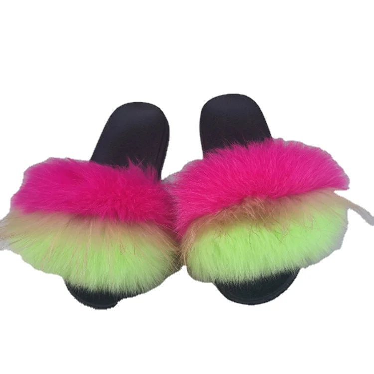 

OEM faux fox fur slides Women Fur Slippers baby fur slides Summer slippers