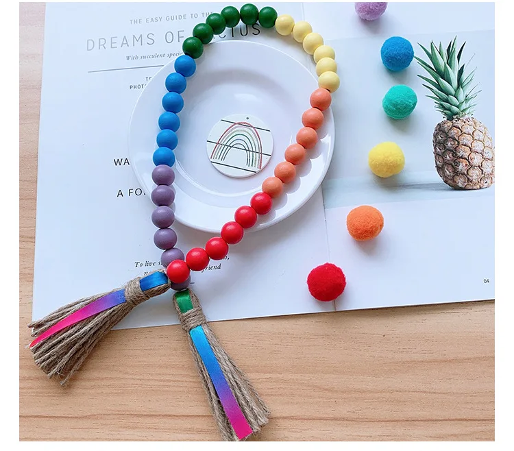 

Boho Rainbow Colorful Wood Bead Jute Tassels Garland Rustic Country Home Wall Hanging Decoration