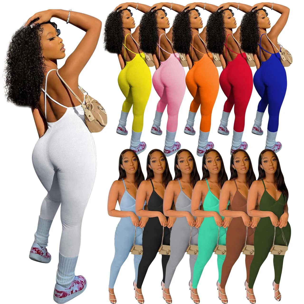 

Free Shipping Solid Color Women Summer One Piece Tight Fitting One Piece Cami Jumpsuit