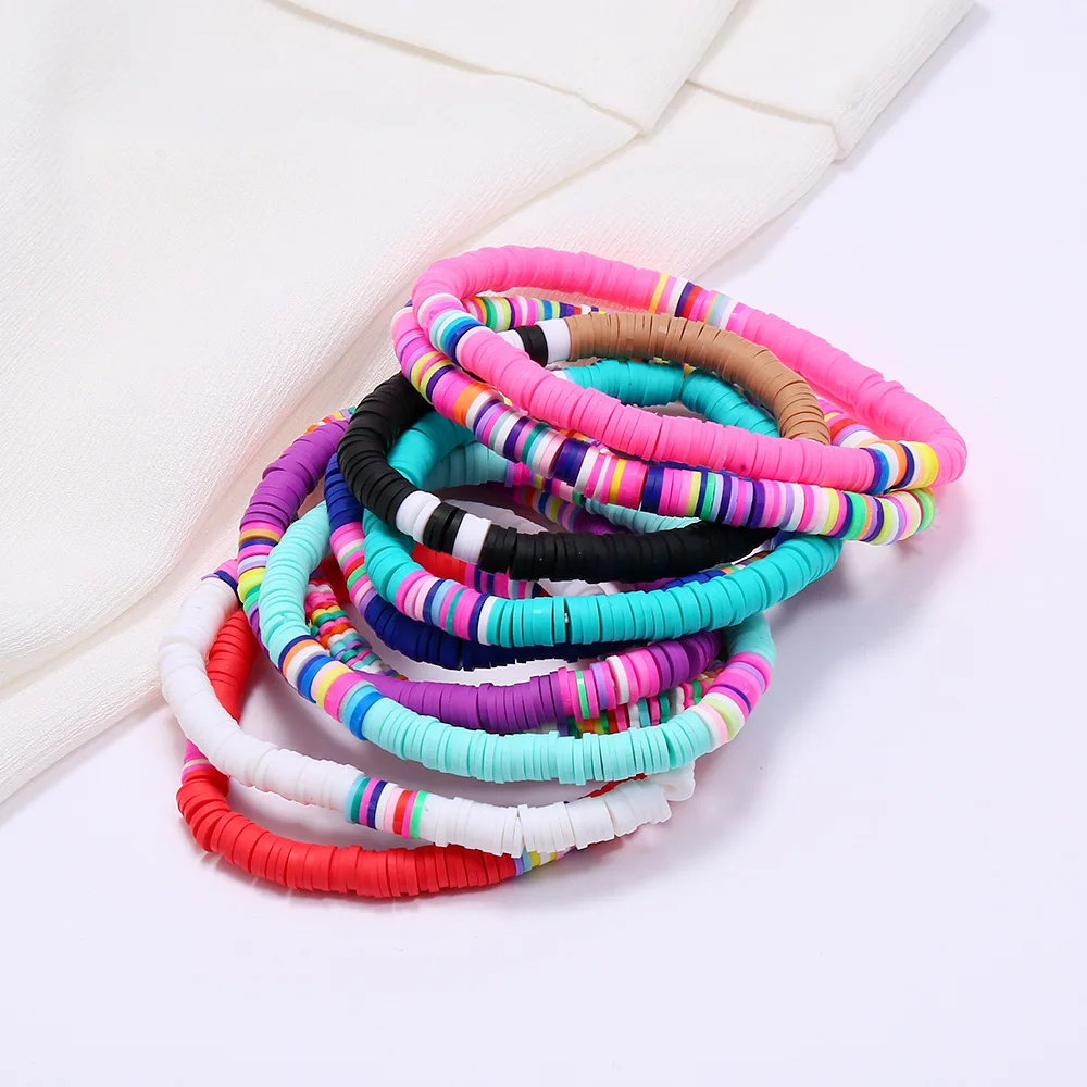 

Friendship Boho Polymer Clay Beads Rainbow Elastic Rope Bracelet Set Summer Beach Jewelry