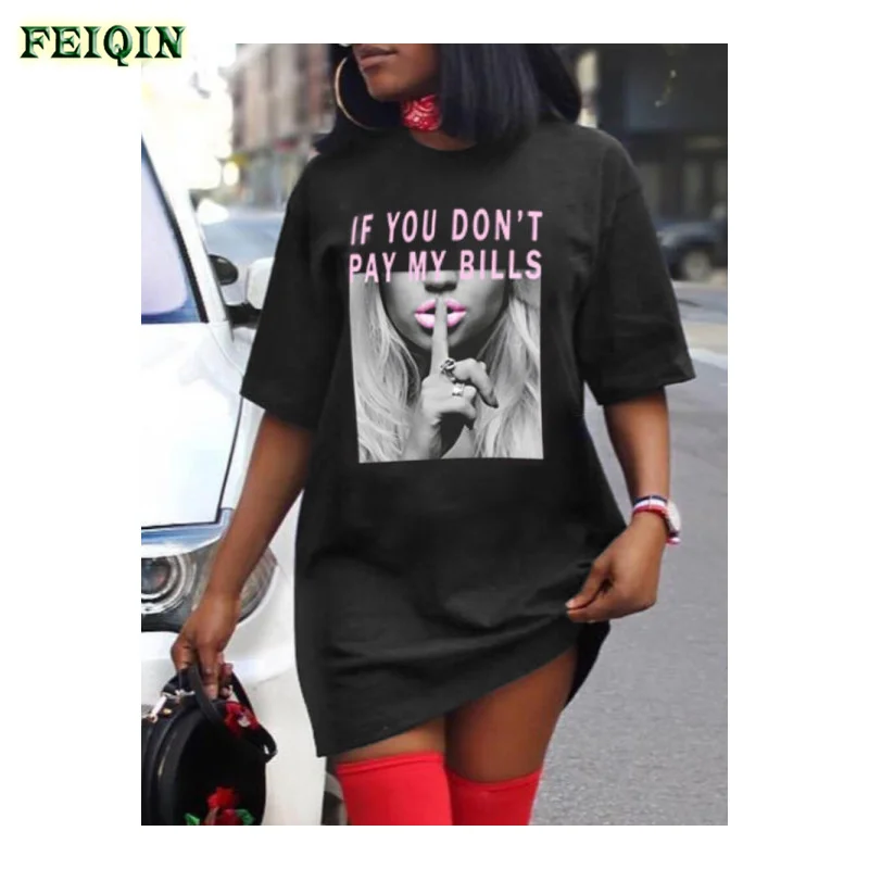 

Summer Printed Graphic Hip Hop Street Fashion Long T-shirts Short Sleeve O Neck Top Women's T-shirts, Black/white