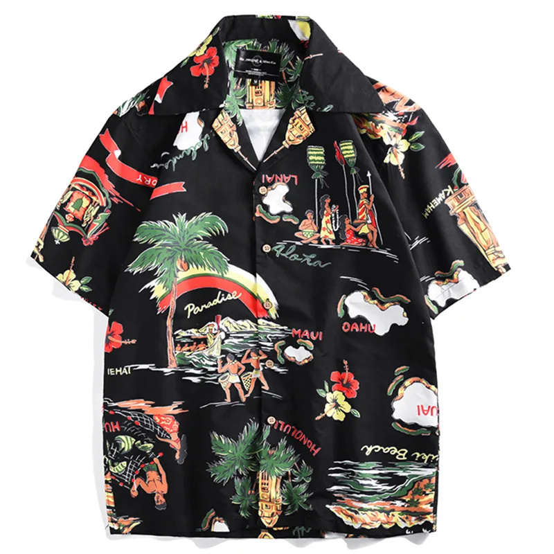 Summer New Casual Shirts Loose Anti-Wrinkle Breathable Digital Printing Lapel Hawaiian Short Sleeve Men's