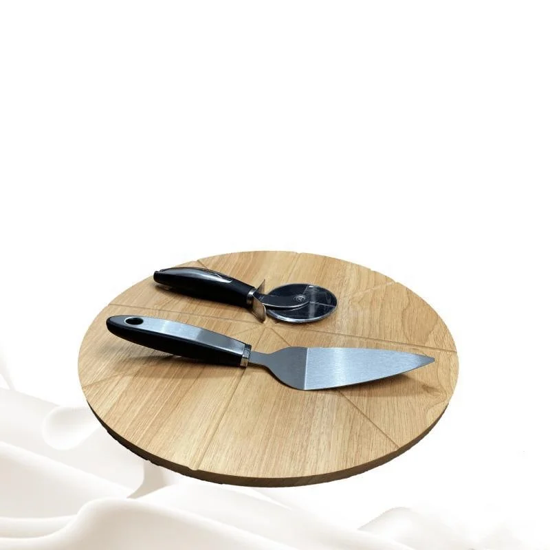 

Amazon Hot Selling Pizza Board with Cutter Includes 1 Cake Server 1 Pizza Cutter Wheel and Round Wooden Pizza Board