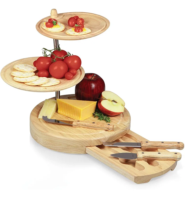 

Hot sale Wholesale Bamboo Charcuterie wooden Cheese Board Platter with knife and Slide Out Drawer set, Natural bamboo color