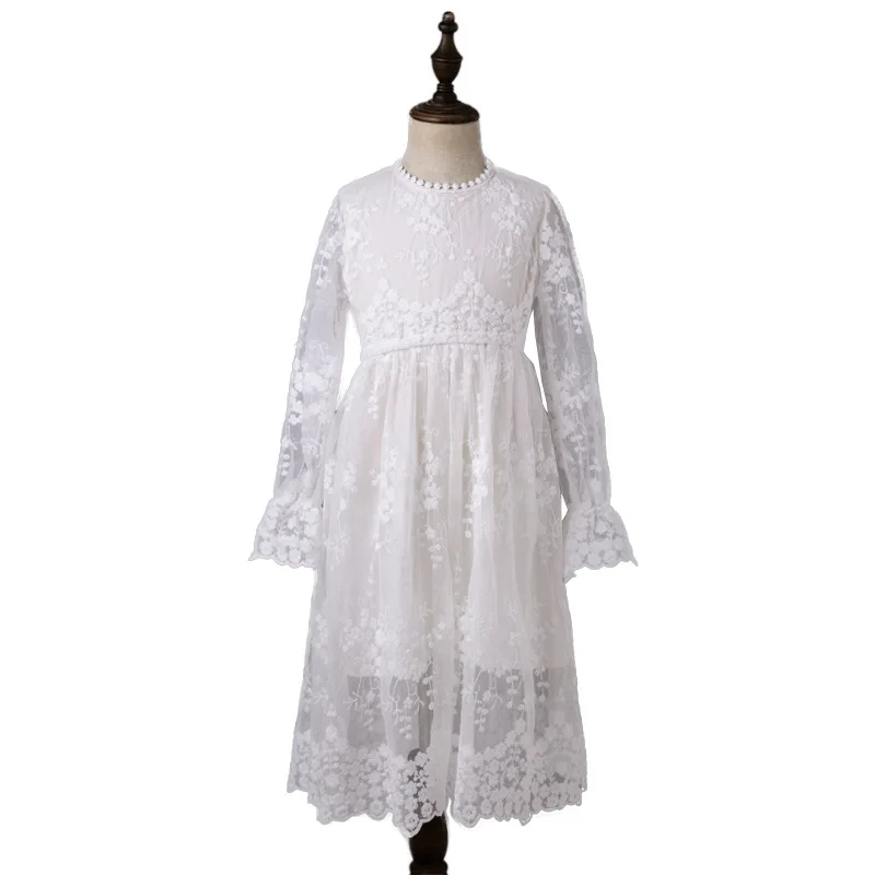 

Spring and summer girls' long sleeve white grenadine lace skirt children and teens princess dress