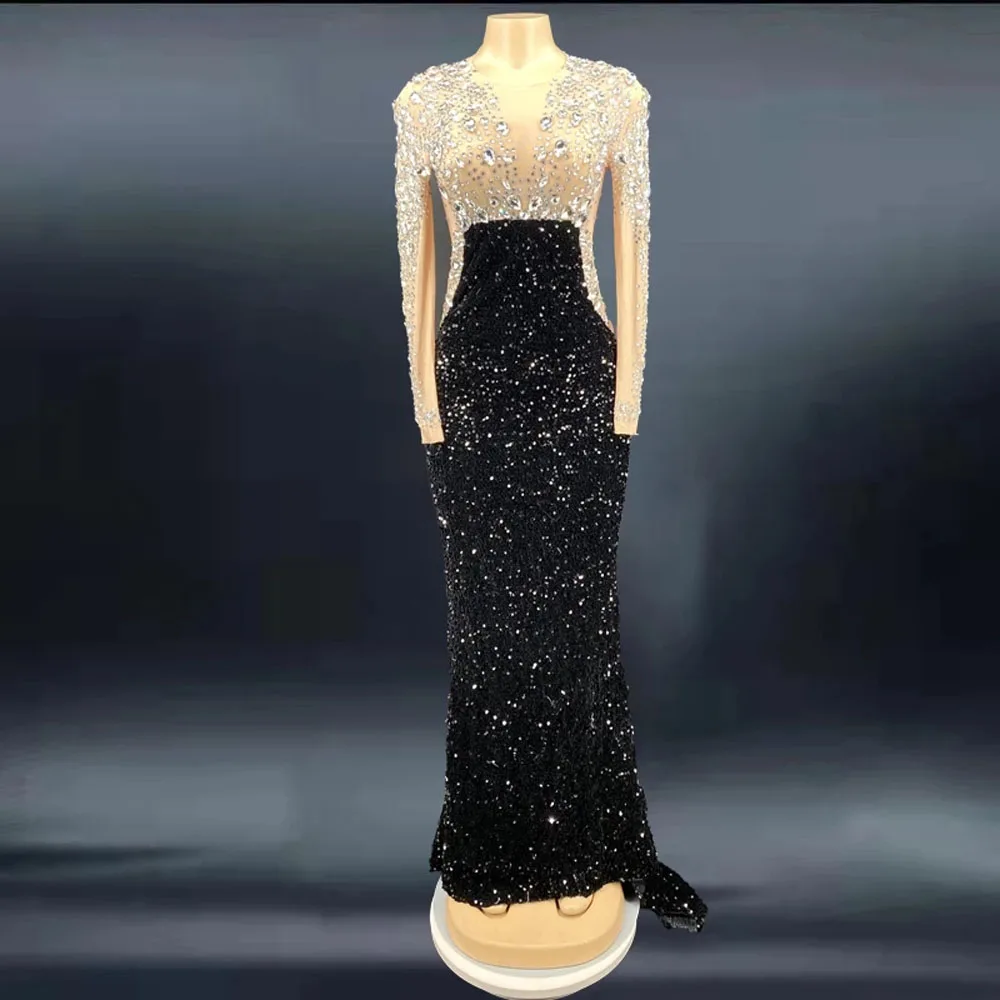 

Crystals Black Party Dresses Sequins Evening Celebrate Long Train Dress Dance Prom Outfit Birthday Sexy Singer Costume