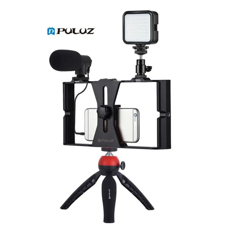 

Factory Price PULUZ 4 in 1 Vlog ging Live Broadcast LED Selfie Fill Light Smartphone Video Rig Kits with microphone Tripod Stand