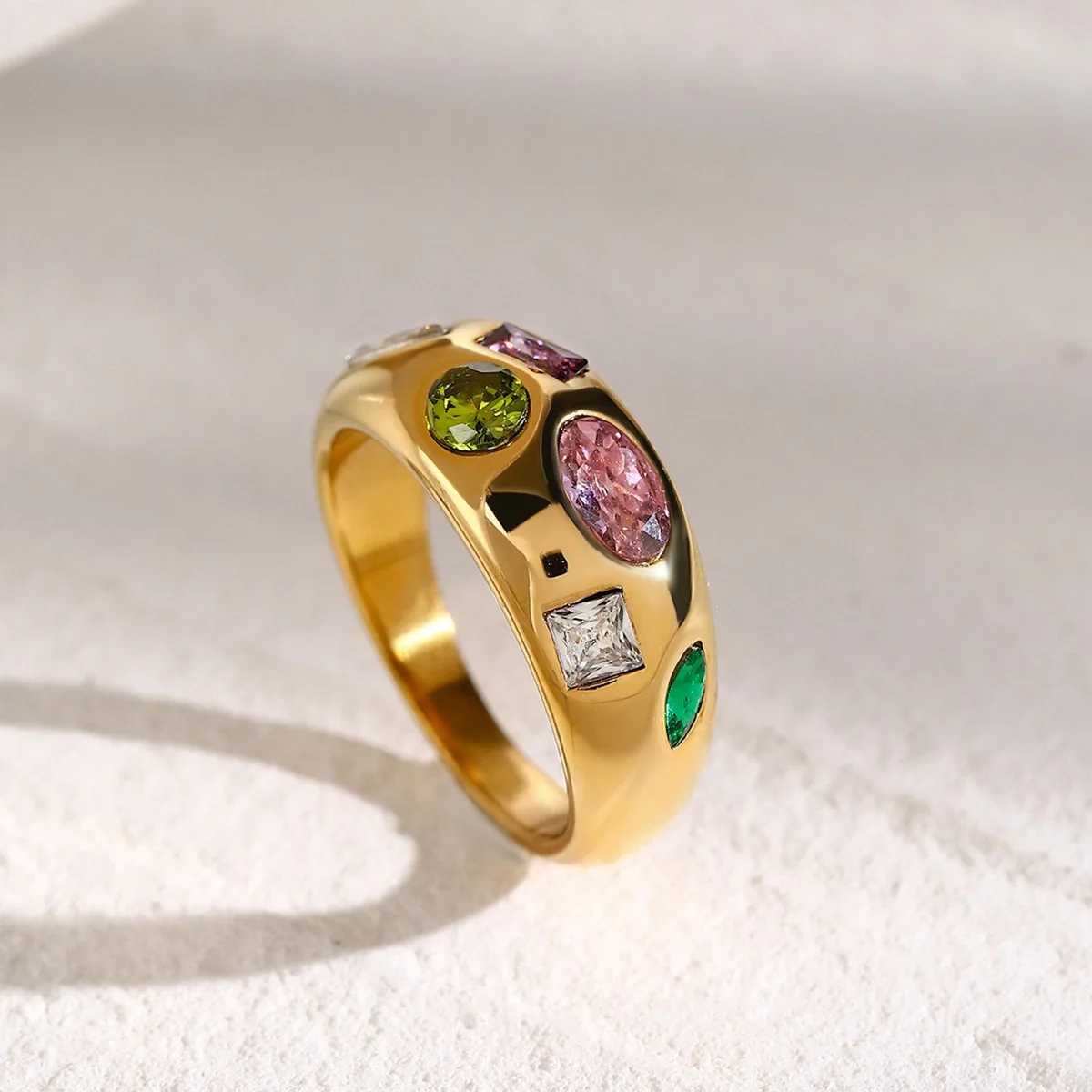 New Trendy 18K Gold Plated Stainless Steel Jewelry Ring Wide Chunky Colorful Cubic Zircon Stone Rings Women