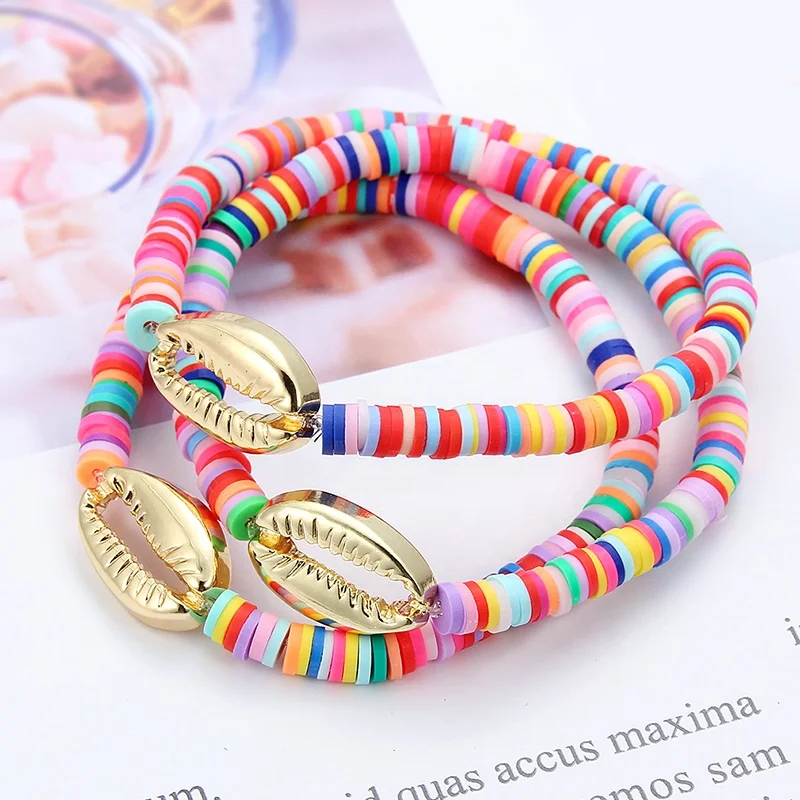 

Gold Shell Elastic Bracelet Bohemian Colorful Polymer Clay Beaded Bracelets for Women Holiday Jewelry Seashell Beach, Picture