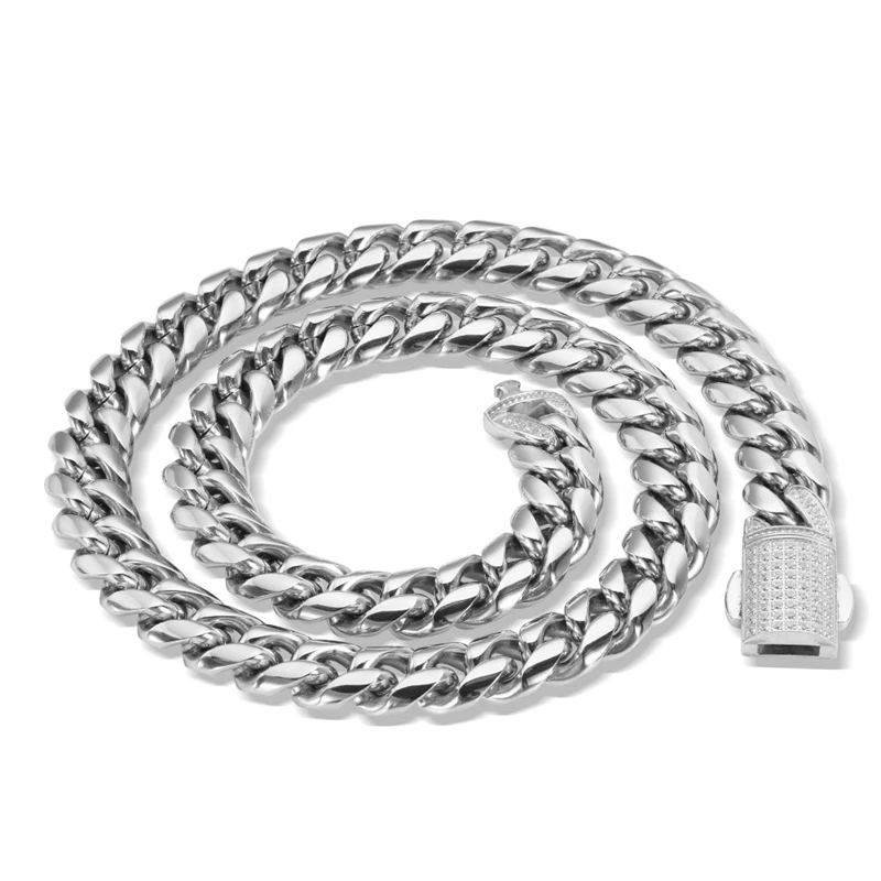

Hip-hop Stainless Steel Cuban Link Chain Jewelry Necklace Full Diamond Spring Buckle Personality Men's Necklace