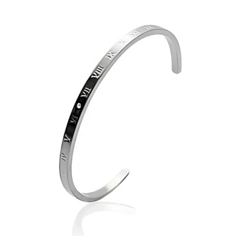 

Popular Stainless Steel Jewelry C Shape Opened Engraved Roman Numerals Cuff Bangle