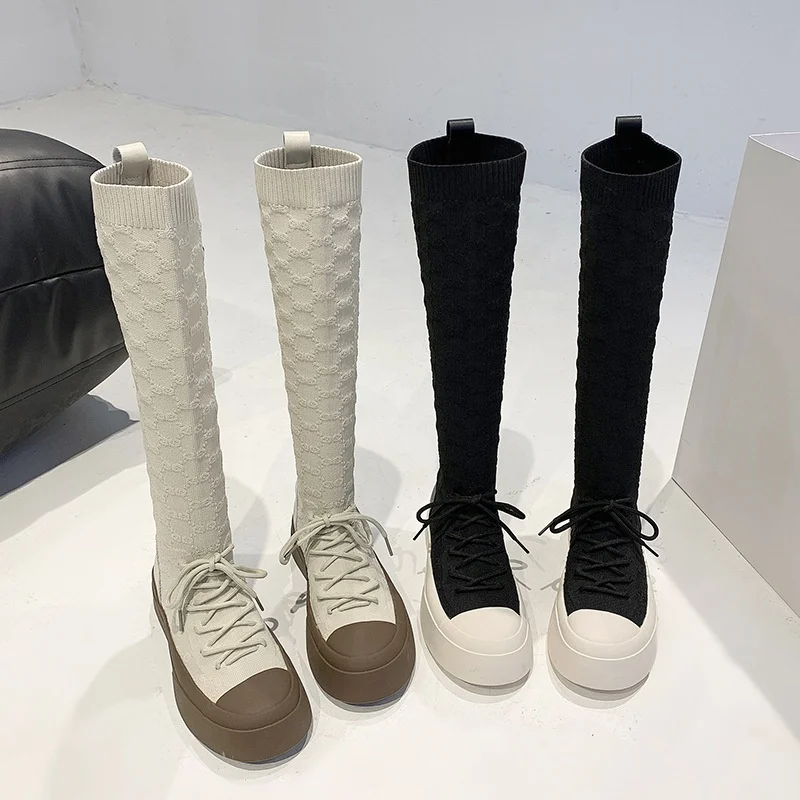 

British Style Long Women Knee Knit Sock Boots Black Bandage Boots With Thick Sole, Black,beige