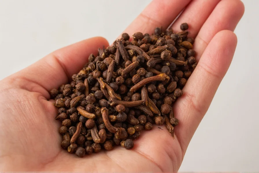 Close-up view of clove tree seeds next to dried clove flower buds for comparison