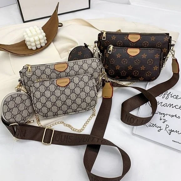 

Crossbody bag 2021 new western style presbyopia fashion casual printing three-piece one-shoulder diagonal woman bag, Brown,khaki
