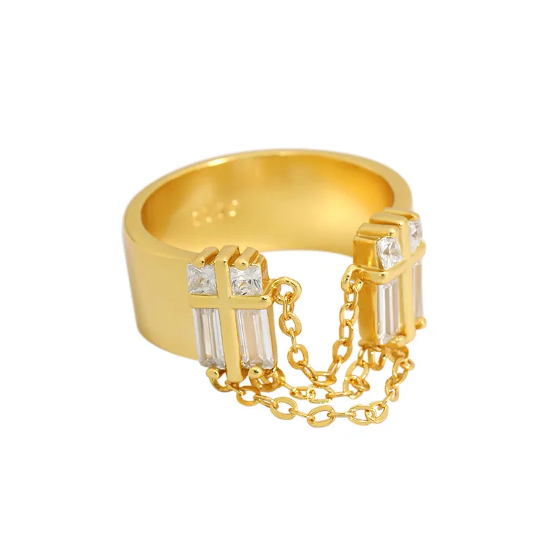 

High quality luxury zircon gold chain ring jewelry wide open adjustable 925 sterling silver gold rings