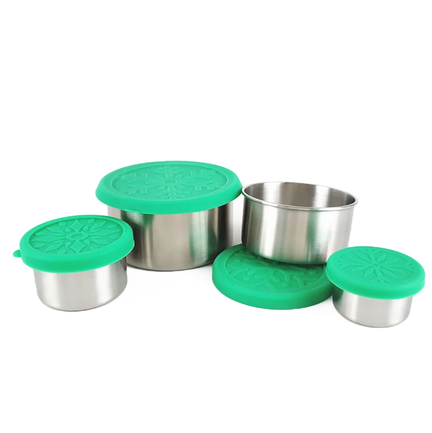 

Silicone lid lunch box container stackable snack round food containers stainless steel metal lunch box sets