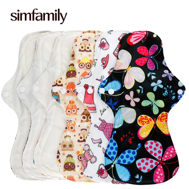 

Simfamily Feminine Sanitary Woman Organic Bamboo Waterproof Washable Napkin Reusable Heavy Flow Menstrual Pad, Printed