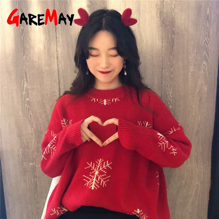 

GareMay Women's Christmas Sweaters Pullover Autumn Winter Women Basic Pullover Ladies Warm Sweaters Women Knitted Sweater, Red, snow, bell, bow, elk