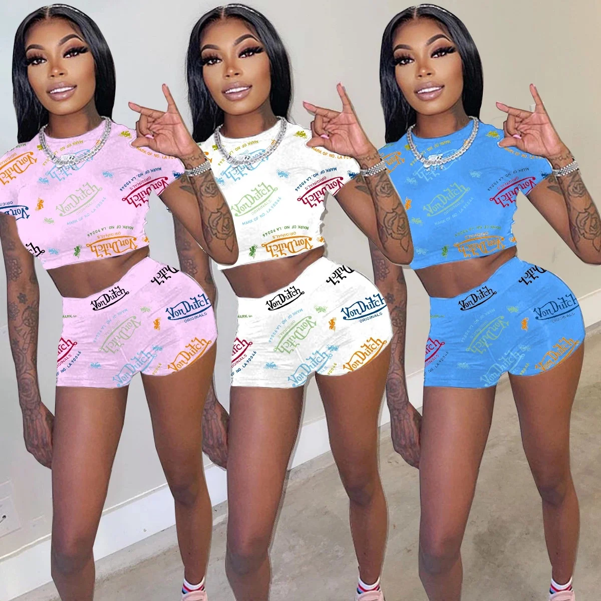 

2021 new arrivals von dutch women two piece shorts set women short sleeve crop tops and shorts set summer active wear