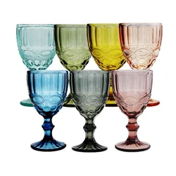 7.2oz Embossed Pattern Red Coloured Wine Glasses Cup Thick Stem Cheap Milk Purple Pink Glass Goblet