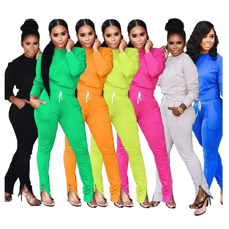 9S00986  Fashion stitching long sleeves long lady palazzo women solid ladies two piece set clothing