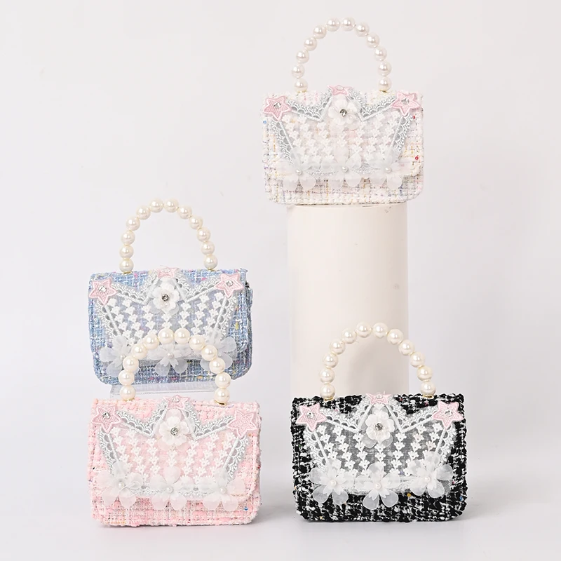 

Ladies Lace Handbag Toddler Cute Pearl Linen Wallet Wholesale, 4 colors