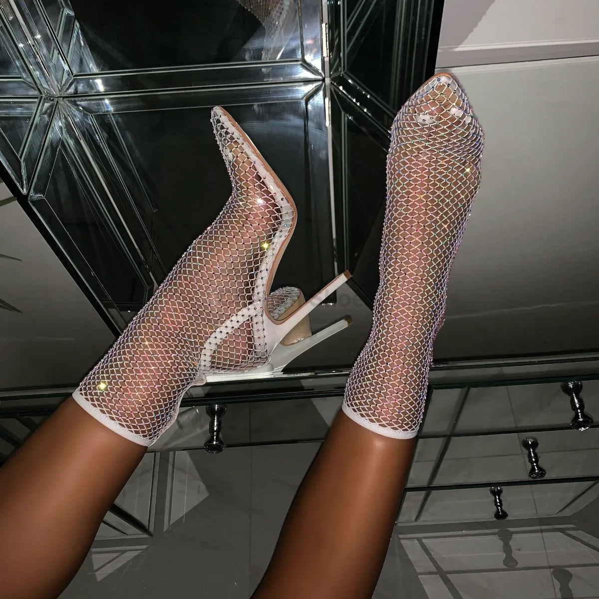 Fashion Ladies Perspex Clear White Diamante Heels Mesh Ankle Boots For Women Stiletto