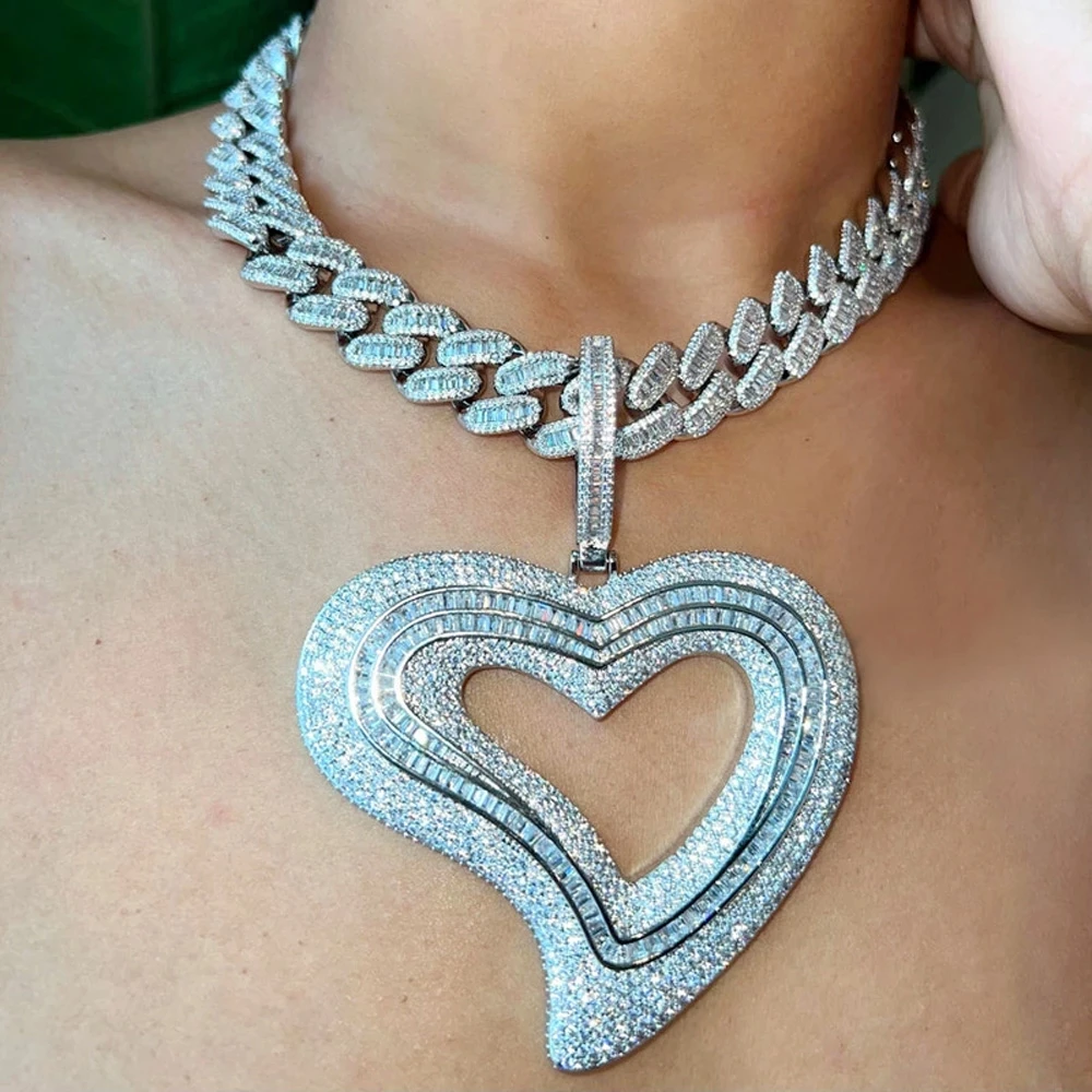 

Icy Heart Pendant Jewelry Women Bling CZ Diamond Big Hollow Heart Pendant Hip Hop Iced Out Heart Pendant Baguette Cuban Chain