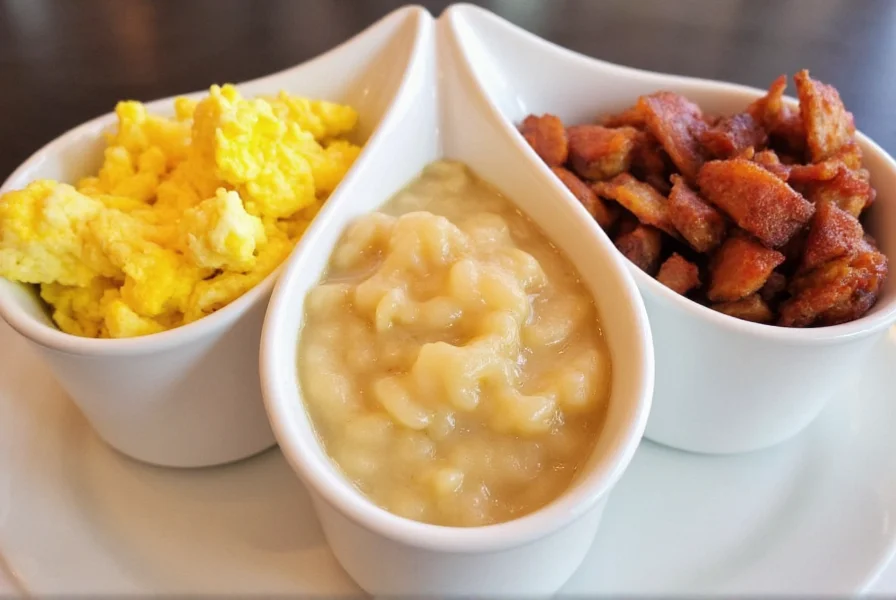 Versatile triple dipper serving breakfast with grits in center, scrambled eggs on left, and bacon bits on right
