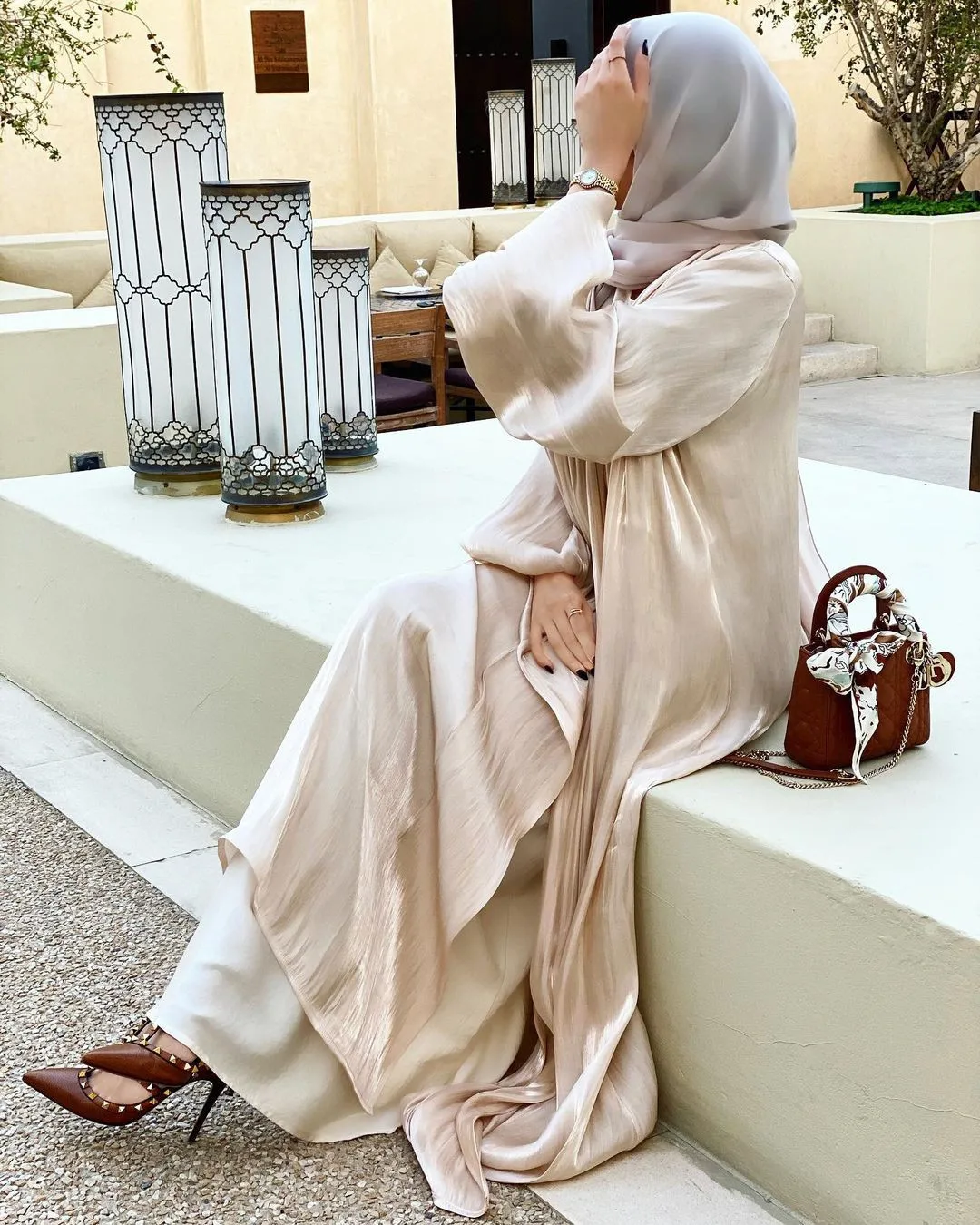 

New Abaya Open Dubai Kaftan Dress Puff Sleeves Muslim Maxi Dress Women Satin Silk Islamic Clothing