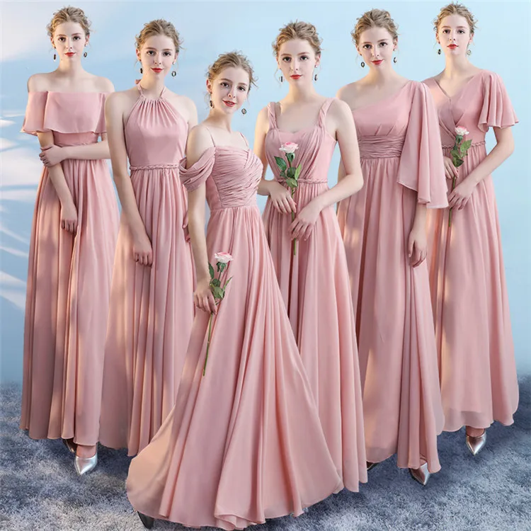2019 New Slim Fit Pink Chiffon One Shoulder dress for bridesmaids