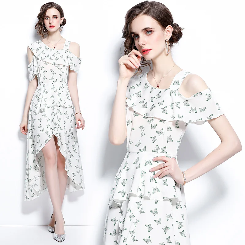

2021 summer new style women's printed long-sleeved dress ladies off-shoulder dress fashion women's clothing, White