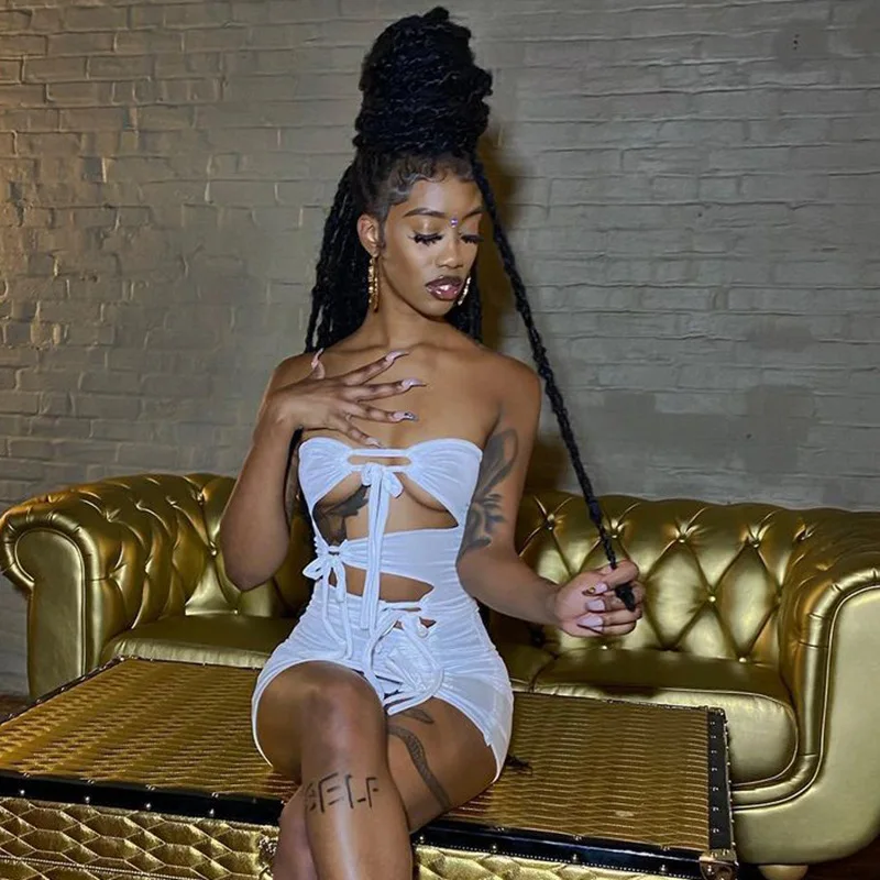 

New Summer Style Strapless Hollow-out Women's Dress Lace-up Pleated Irregular Solid Color Short Dress, As picture or customized make