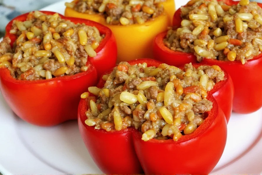 Colorful dish of stuffed red bell peppers with wild rice and bison meat