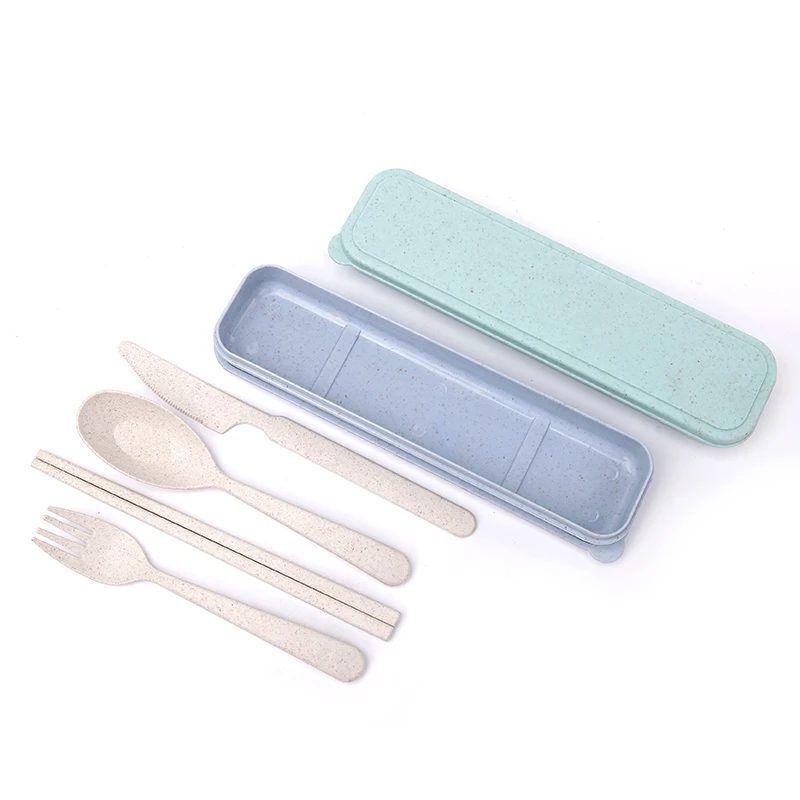 

Portable Tableware Wheat Straw Cutlery Travel Kids Fork Spoon knife Set With Case