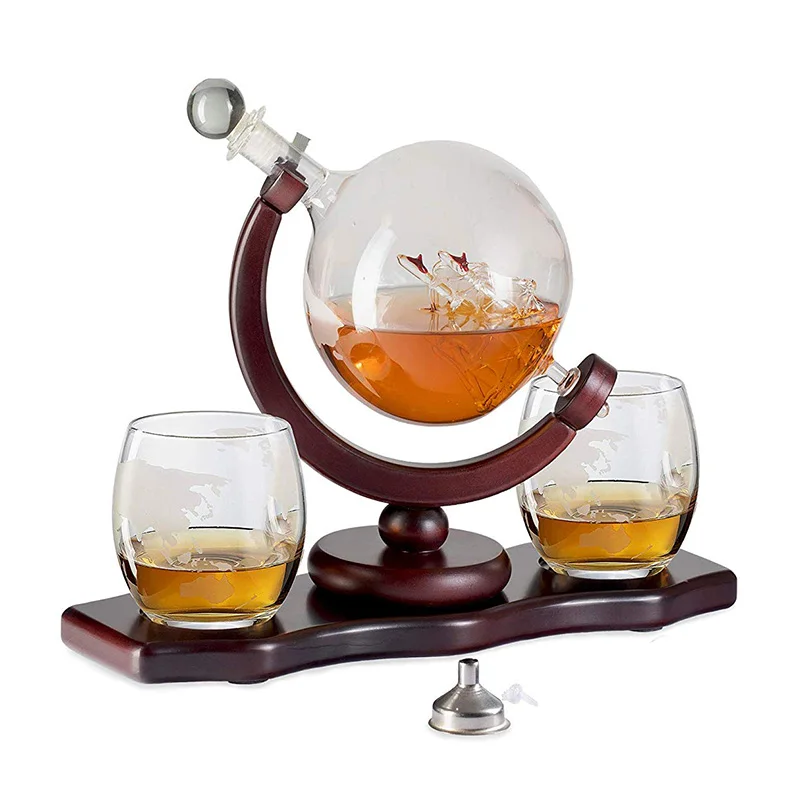 

Amazon Hot Sale Clear Gold Etched Glass Wine Whisky Tequila Liquor Globe Decanter Whiskey with Wooden Box Glasses Para Whisky, Transparent