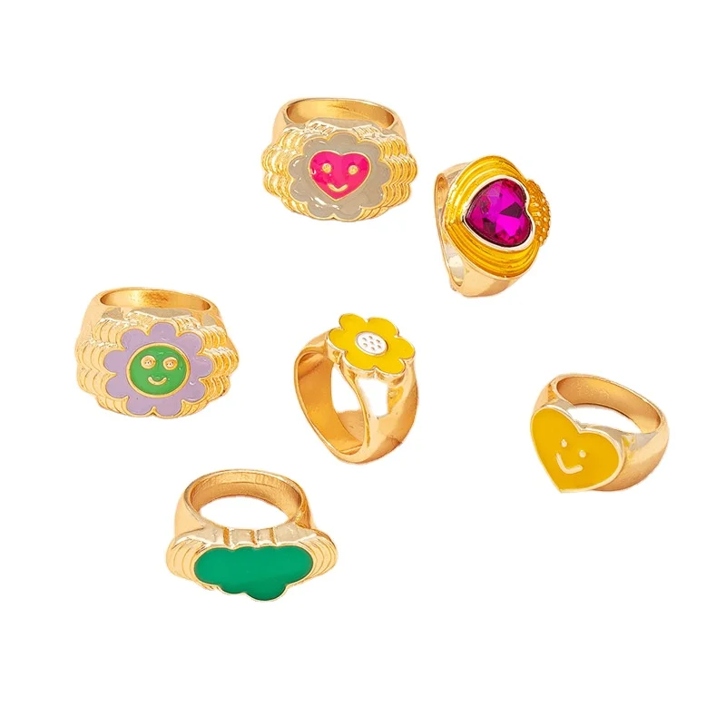 

Y2K Jewelry Simple Fashion Drip Glaze Heart Flower Cloud Smiley Gold Rings, Like picture