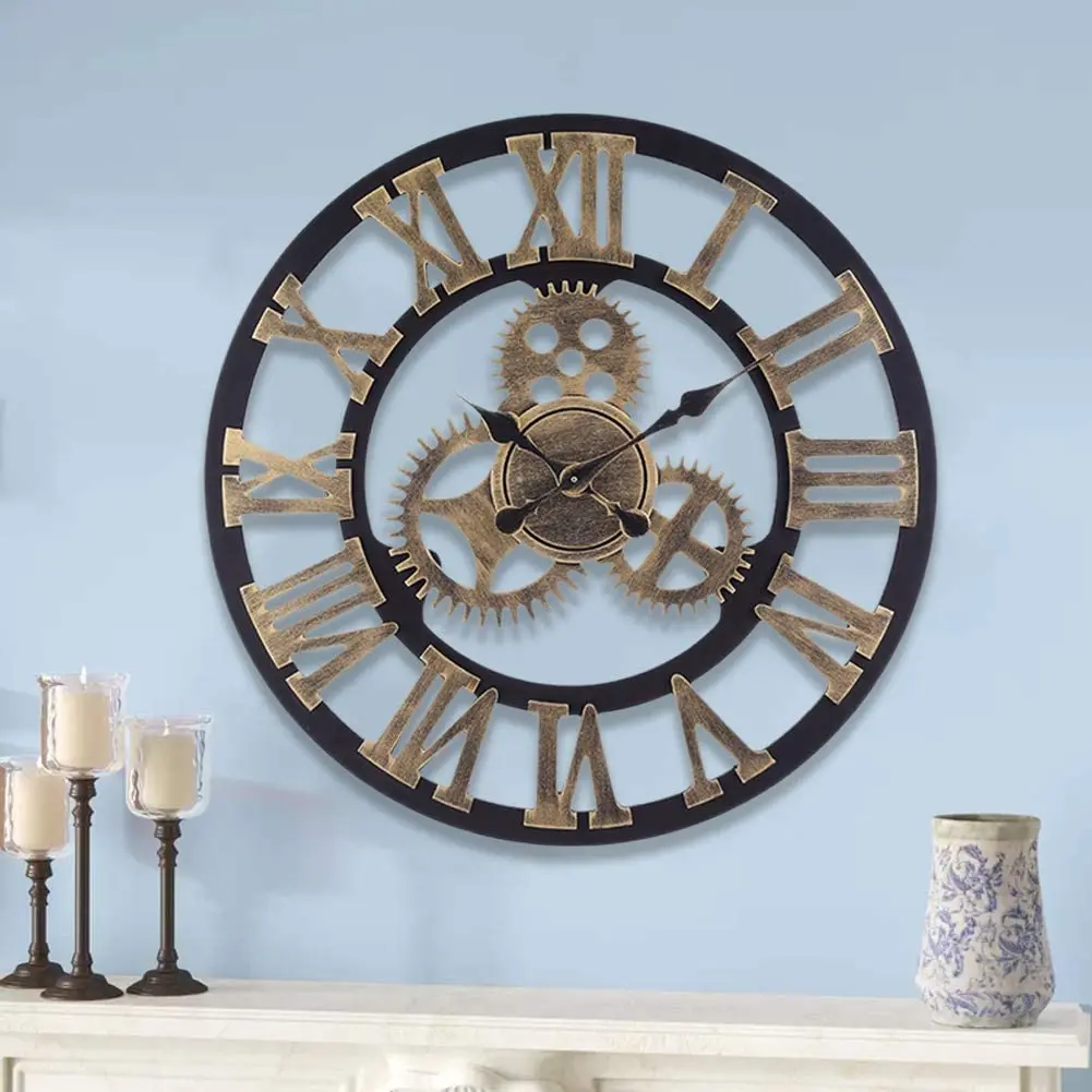 

80cm Round Unique Movement Big Antique Rustic 3D Wood Gear Design Type Watch Roman Digital Wall Clock, Gold/sliver