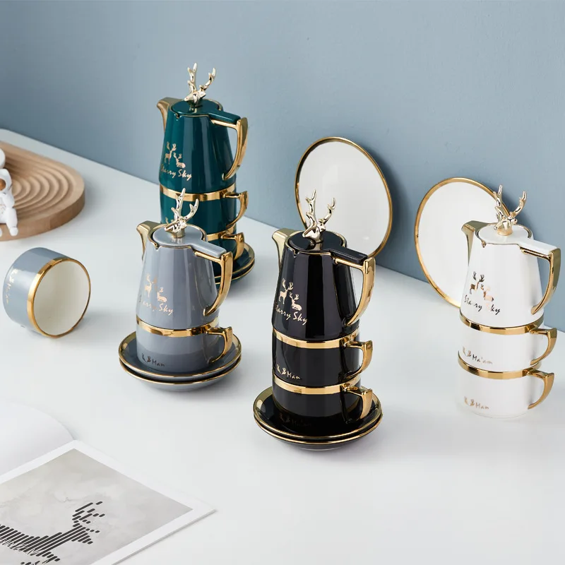 

New arrival ceramic coffee tea set novel design teapot overlaps with the teacup luxury style drinkware, White/grey/green/black