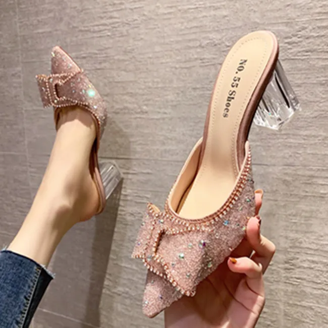 

Rhinestone clear heeled sandals 7 CM pointed toe sexy chunky pumps women shoes shine slip-on party dress shoes, Pictures shown