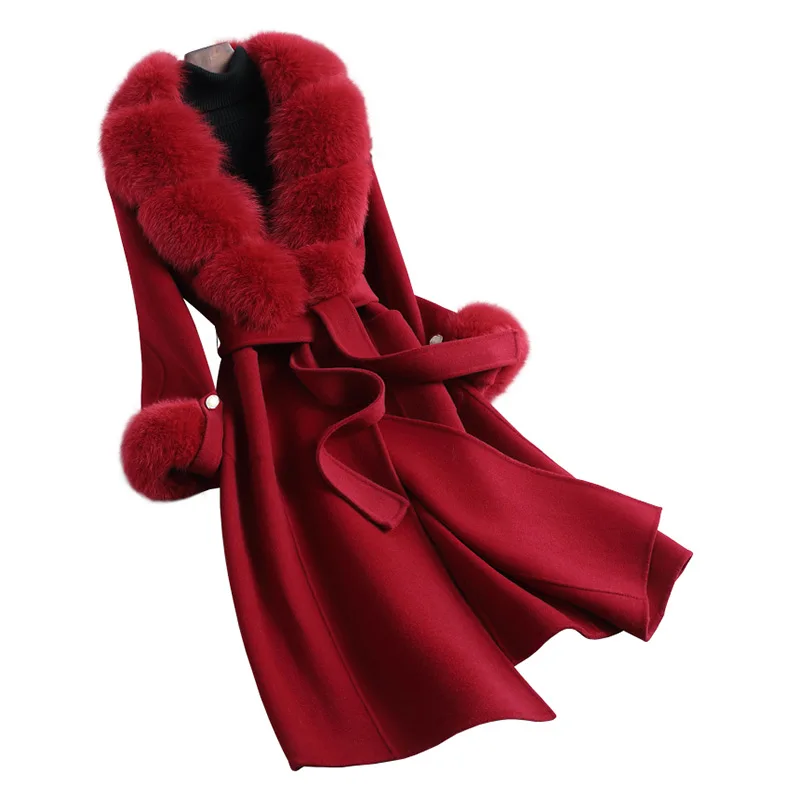 

Elegant Oversized Long Trench Wool Coat Belted Red Wool Cashmere Coat With Fox Fur Collar